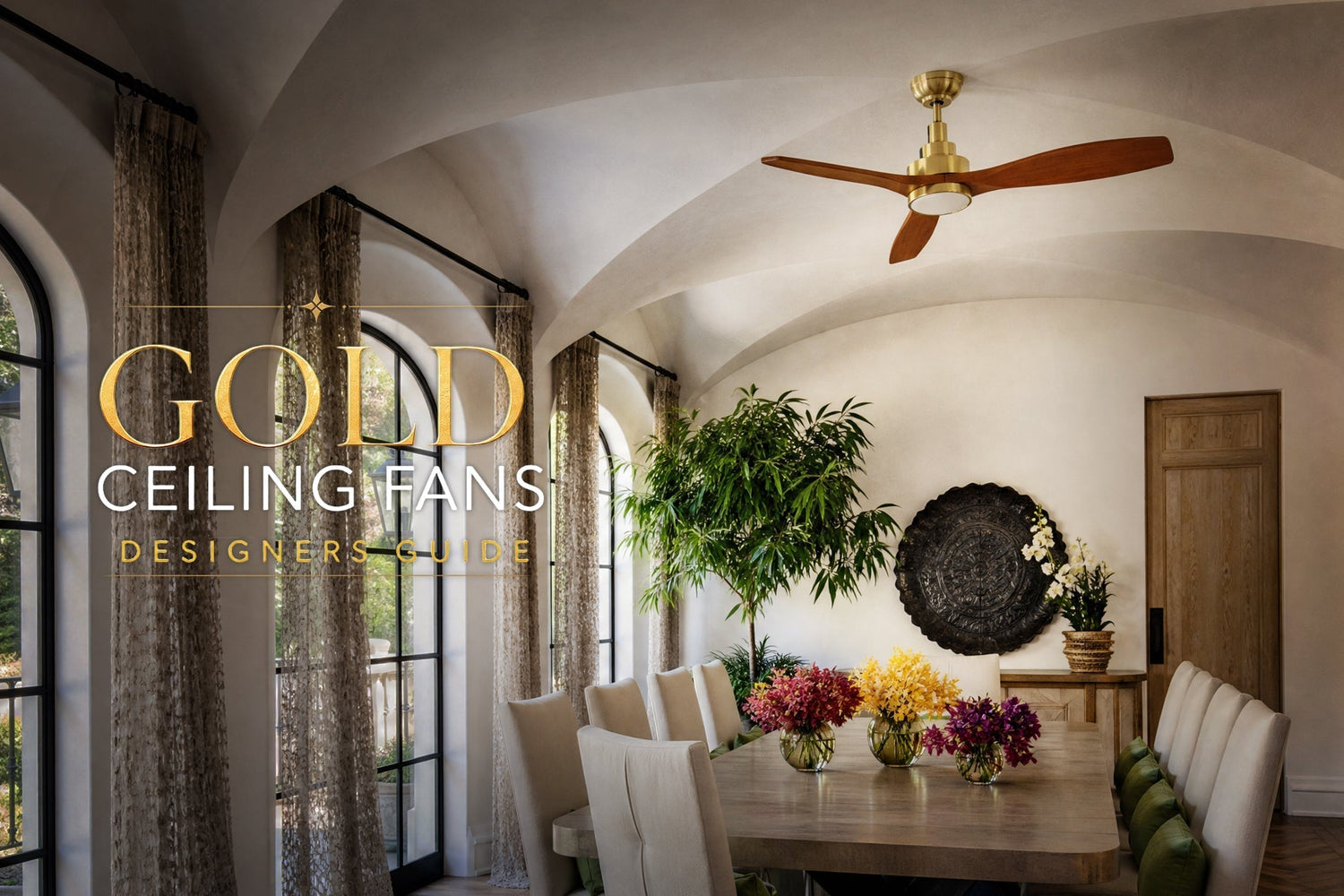 Brushed gold ceiling fan with wood blades in modern living room