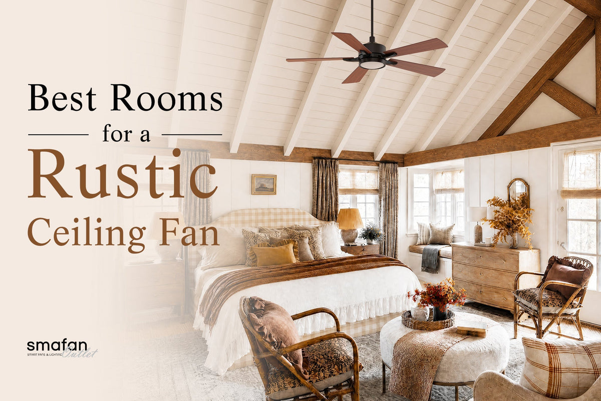 Best Rooms for a Rustic Ceiling Fan blog guide graphic featuring a Smafan Apex ceiling fan in a cozy, rustic vaulted bedroom with autumn decor accents.