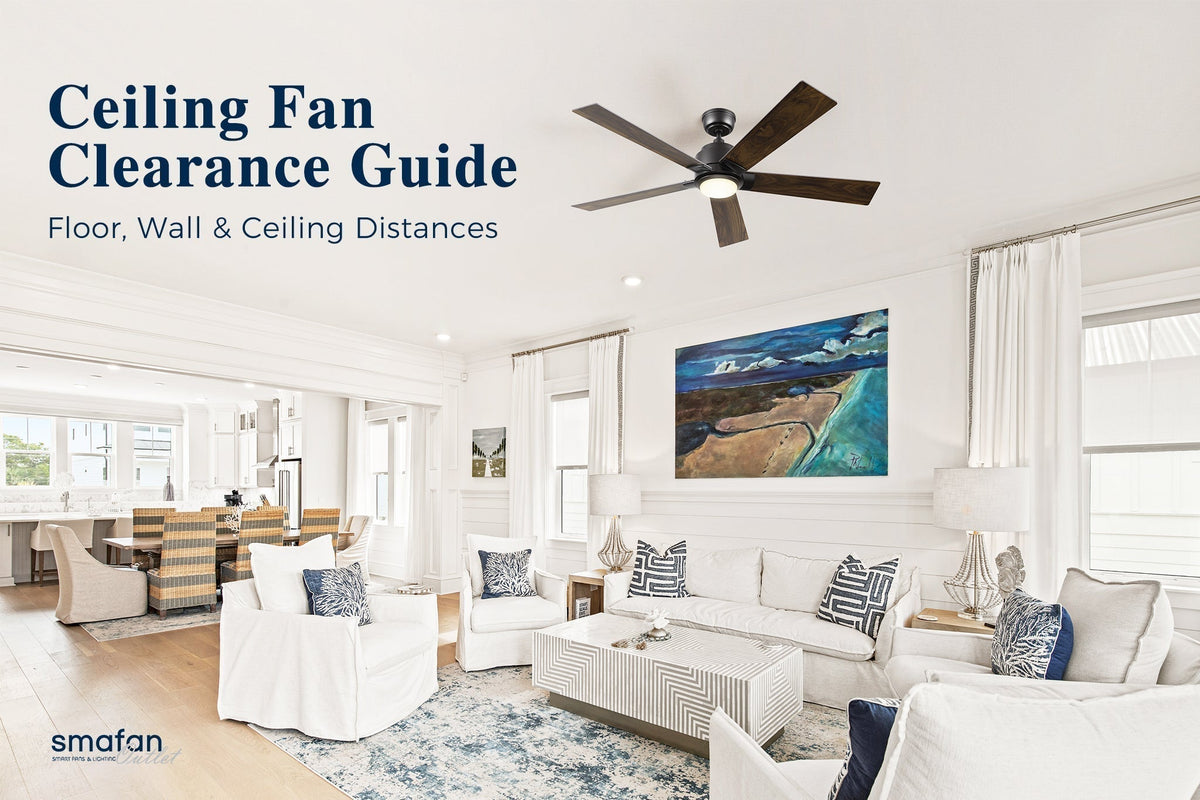 Ceiling Fan Clearance Guide Floor Wall and Ceiling Distances blog banner with modern living room.