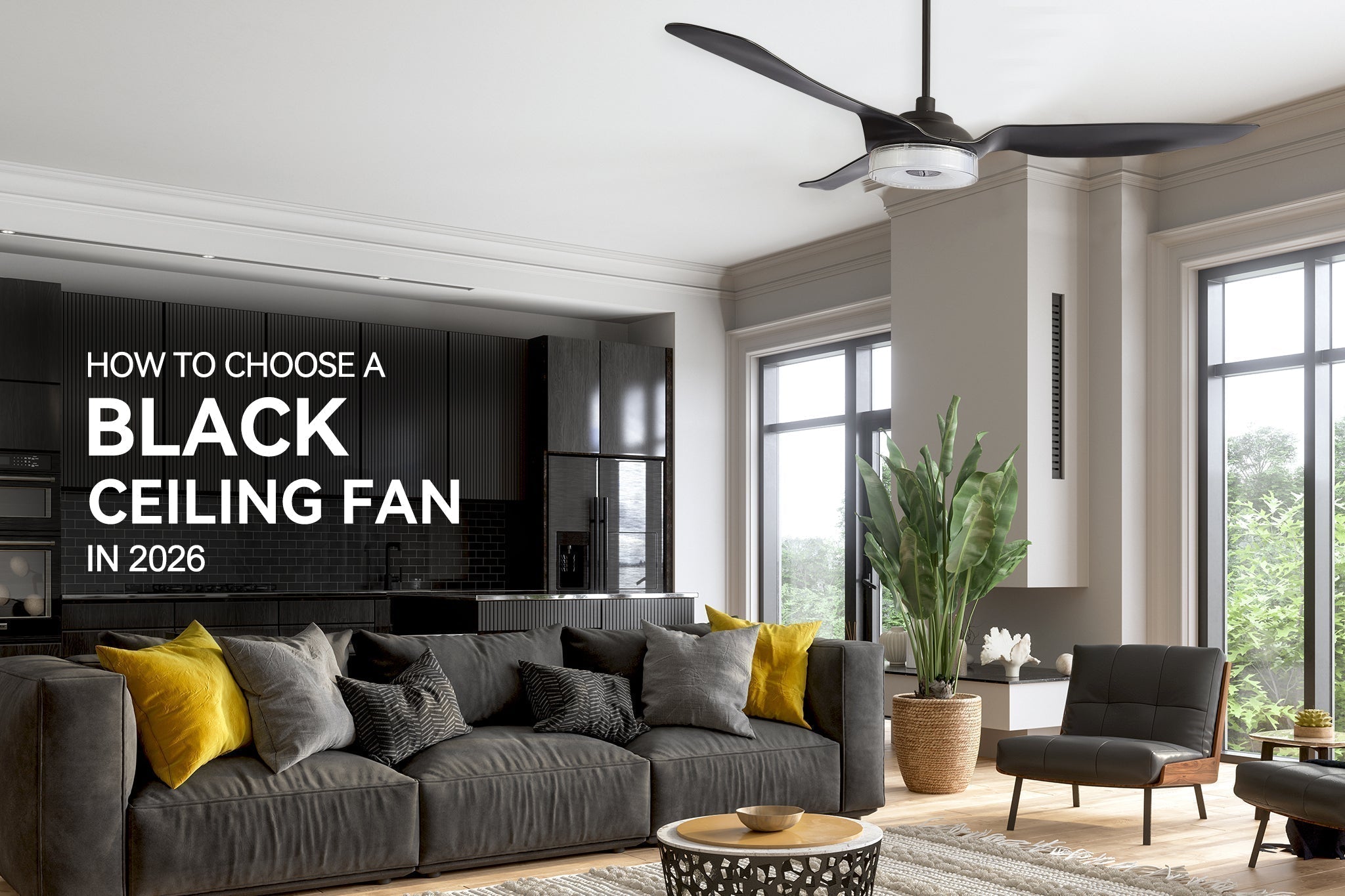 A large modern black ceiling fan with an integrated LED light and 3 blades is installed above a contemporary living room