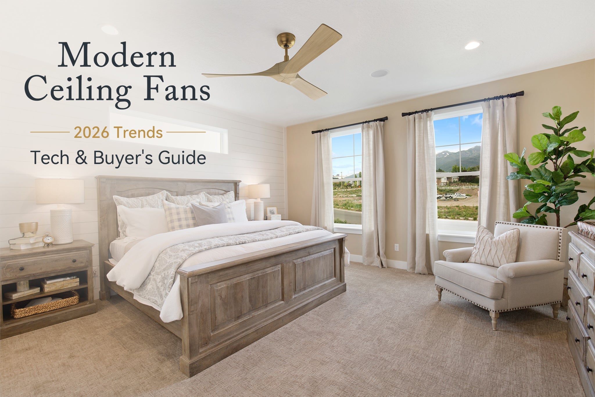 Ceiling fan without light with 3 light wood grain blades and a gold motor, featured as a blog cover graphic for 2026 trends in a rustic master bedroom.