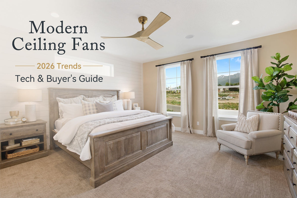 Ceiling fan without light with 3 light wood grain blades and a gold motor, featured as a blog cover graphic for 2026 trends in a rustic master bedroom.