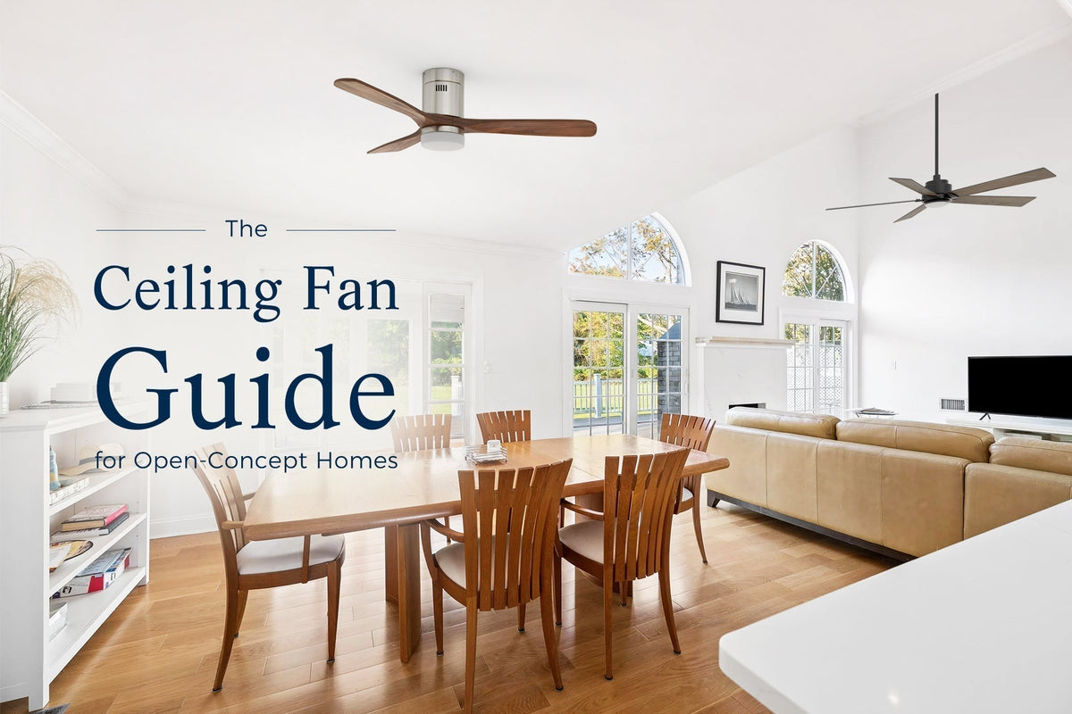 The Ceiling Fan Guide for Open-Concept Homes blog banner with modern living room.