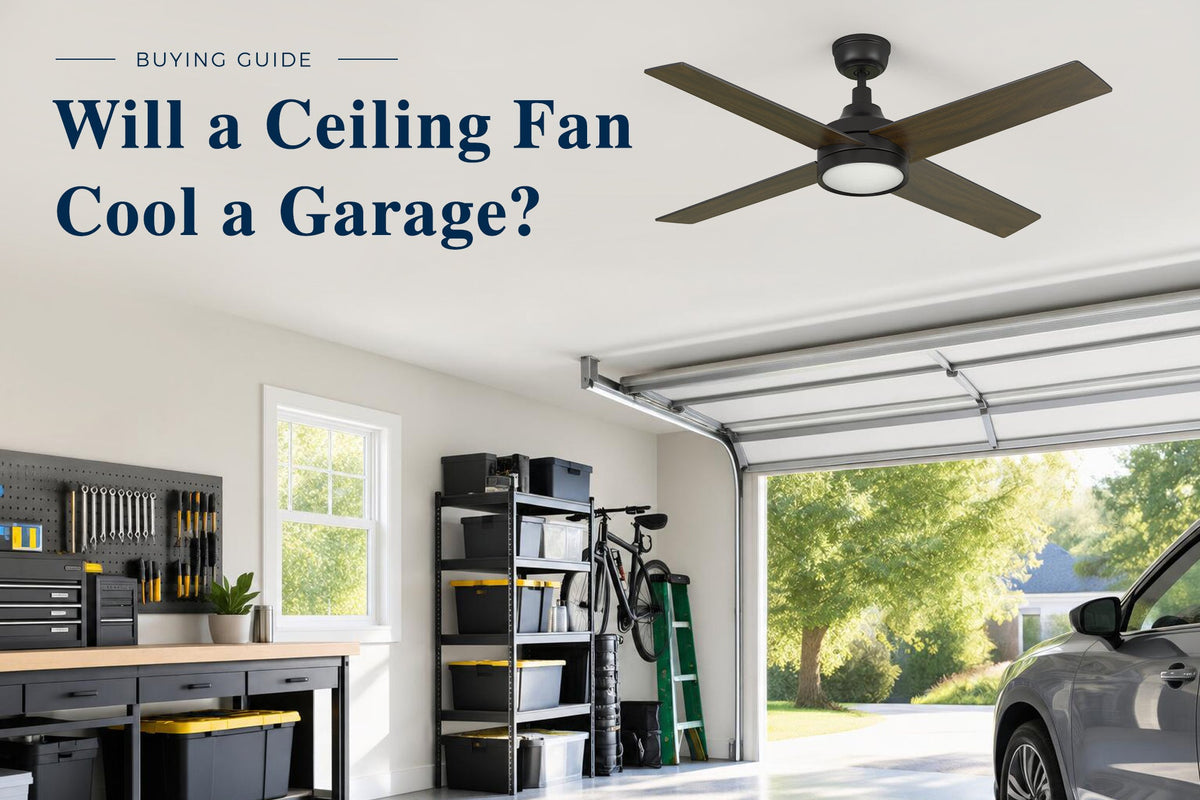 Will a Ceiling Fan Cool a Garage buying guide blog banner with modern ceiling fan in garage.