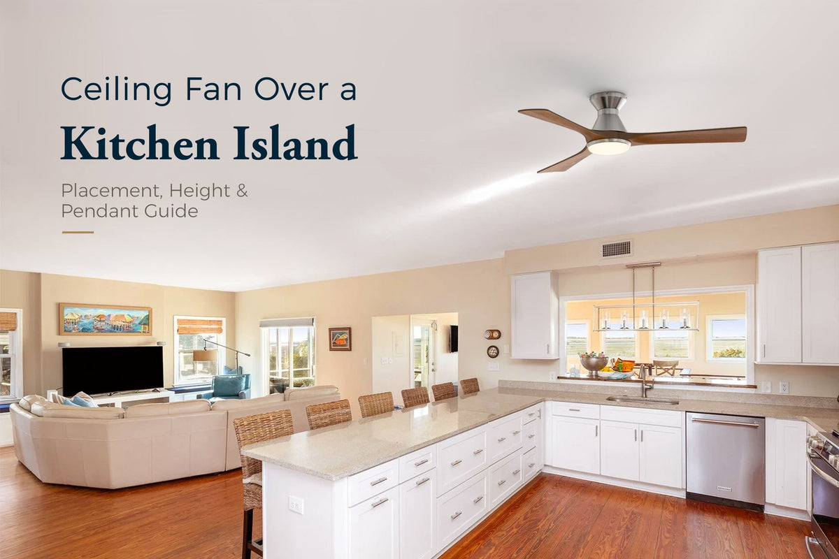 Ceiling fan over kitchen island guide featuring modern 3-blade wood flush mount fan with light in open-concept kitchen and living room.