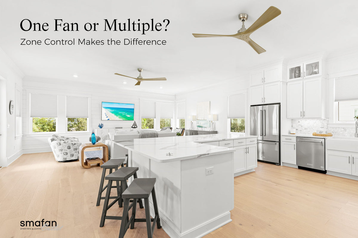 One Fan or Multiple? Zone Control Makes the Difference guide banner featuring two light wood Smafan ceiling fans in an open-concept white kitchen and living room.