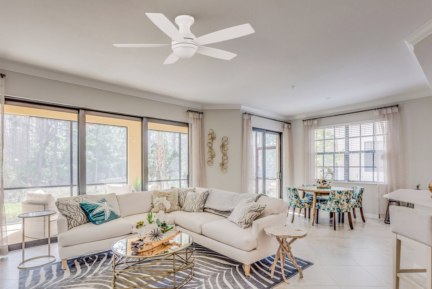 White low-profile modern ceiling fan with five abs blades in a elegant living room