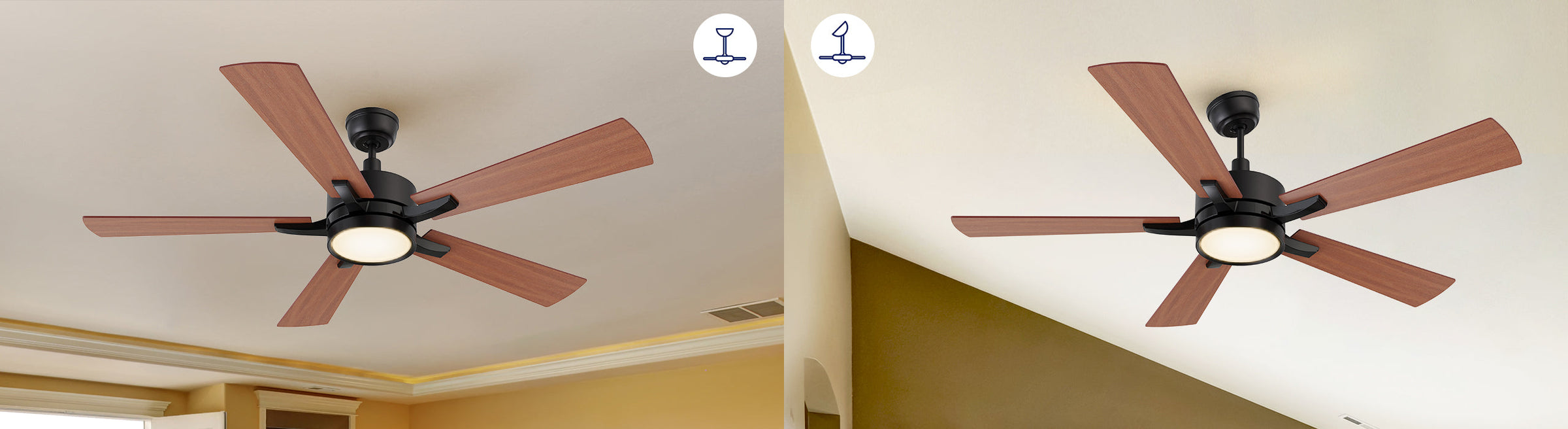 Dual-mount fan can be installed on flat or angled ceiling
