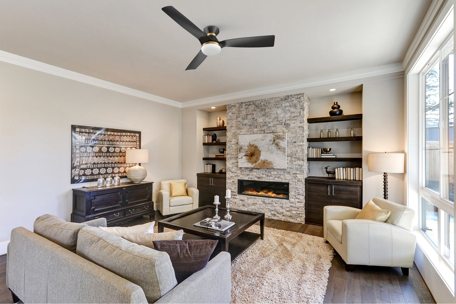 Black flush mounting modern ceiling fan with light in modern living room