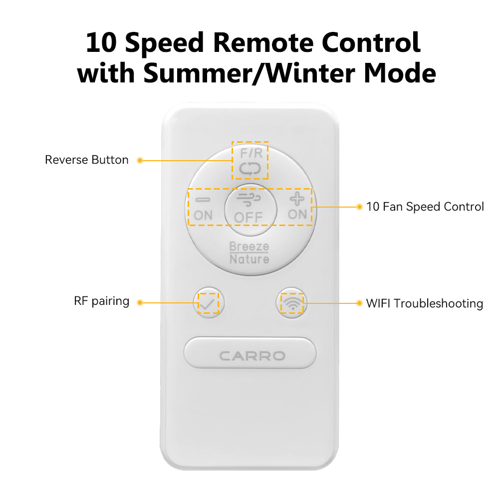 10-speed remote control for Peridot smart ceiling fan without light, featuring summer and winter mode, reverse function, RF pairing, and WIFI Enabled. 