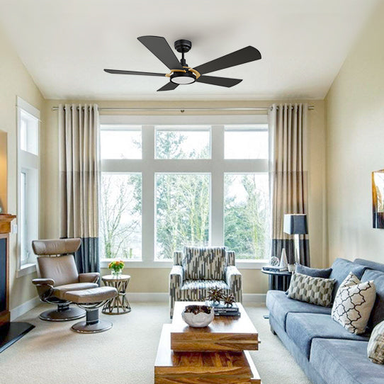 Black ceiling fan with led light with remote 52 inch and downrod mount design in modern living room. 