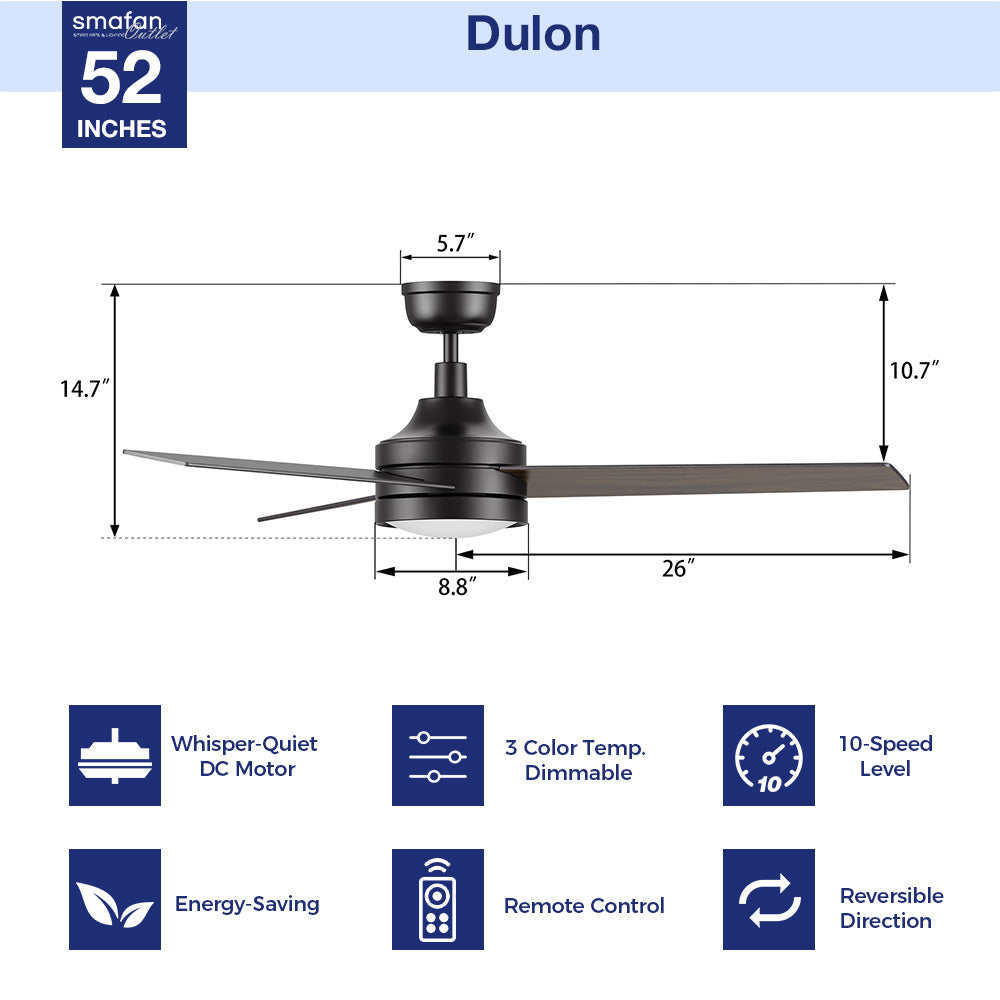 Smafan Dulon 52 inch ceiling fan dimension infographic highlighting whisper-quiet DC motor, 3 color temp dimmable light, 10-speed levels, and remote control. 