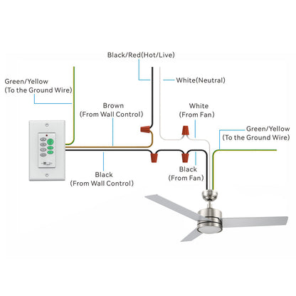 Illustration of a wiring diagram for ceiling fan with light, showing the connection of wires from the wall switch control and ceiling fan. The image shows the connection of various wires: Black/Red (Hot/Live), White (Neutral), Green/Yellow (Ground), and Black/Brown wires from the wall control and ceiling fan. It includes 52 inch brushed nickel ceiling fan with 3 silver blades, a wall control switch with multiple buttons, and detailed wiring instructions for proper installation. 