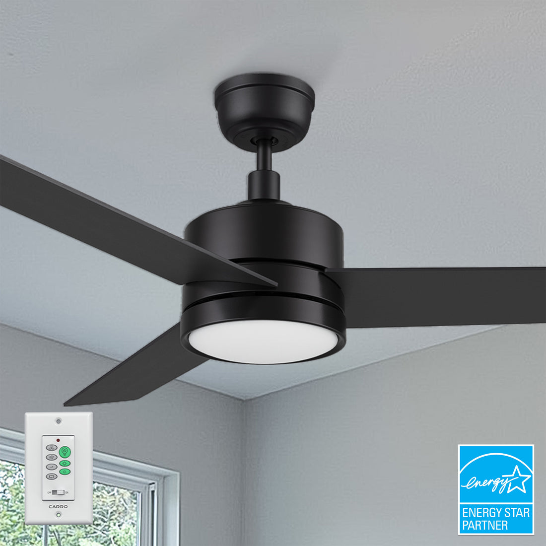 52 inch Louy ceiling fan with LED lights and wall switch control.
