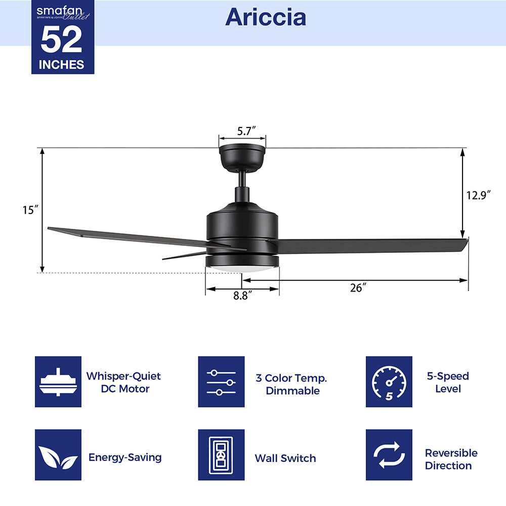 The outer dimension image of 52 inchs black ceiling fan with LED light and wall switch control. 