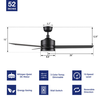 The outer dimension image of 52 inchs black ceiling fan with LED light and wall switch control. 