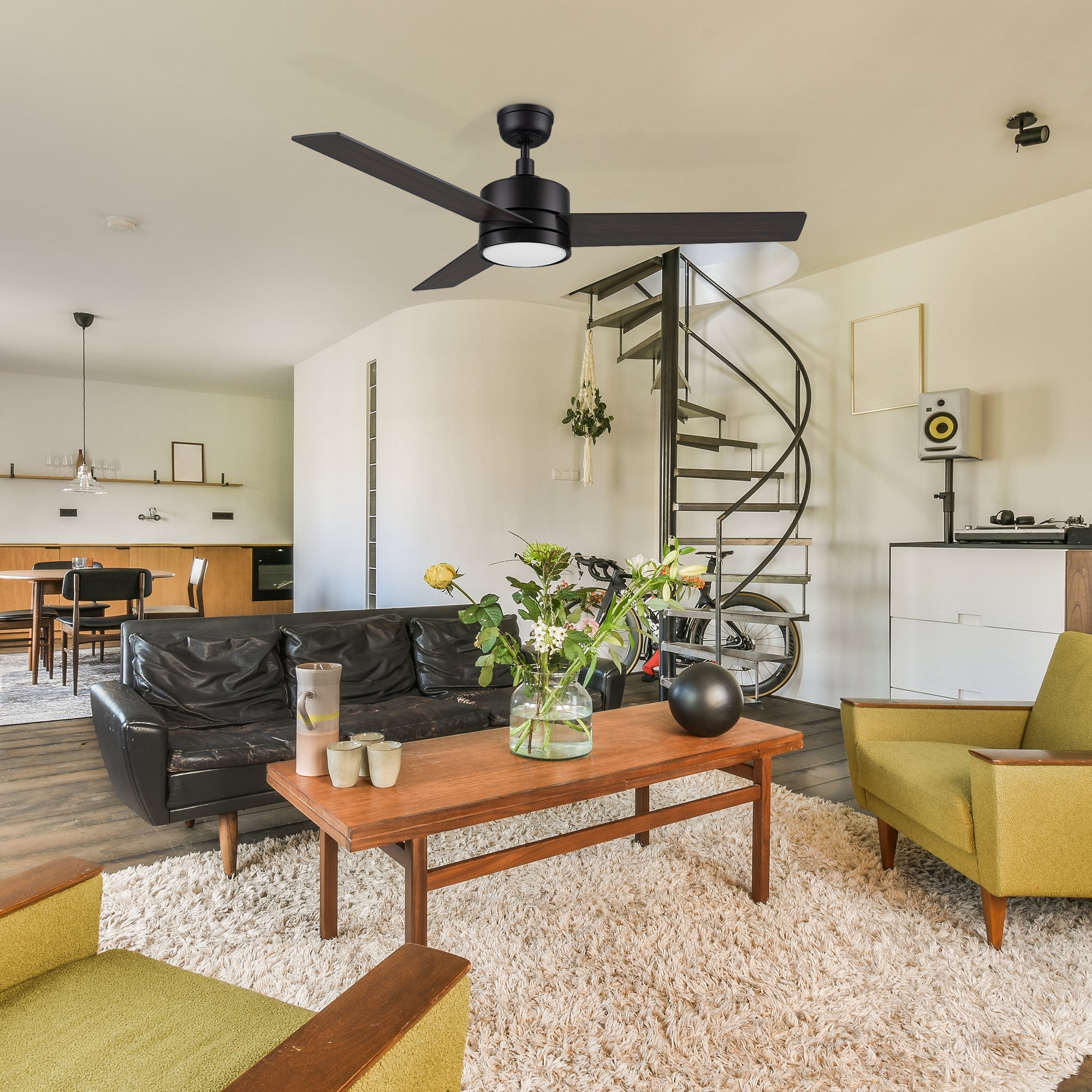 downrod best ceiling fan in black with LED light DC motor 10-speed reversible modern style living room. 