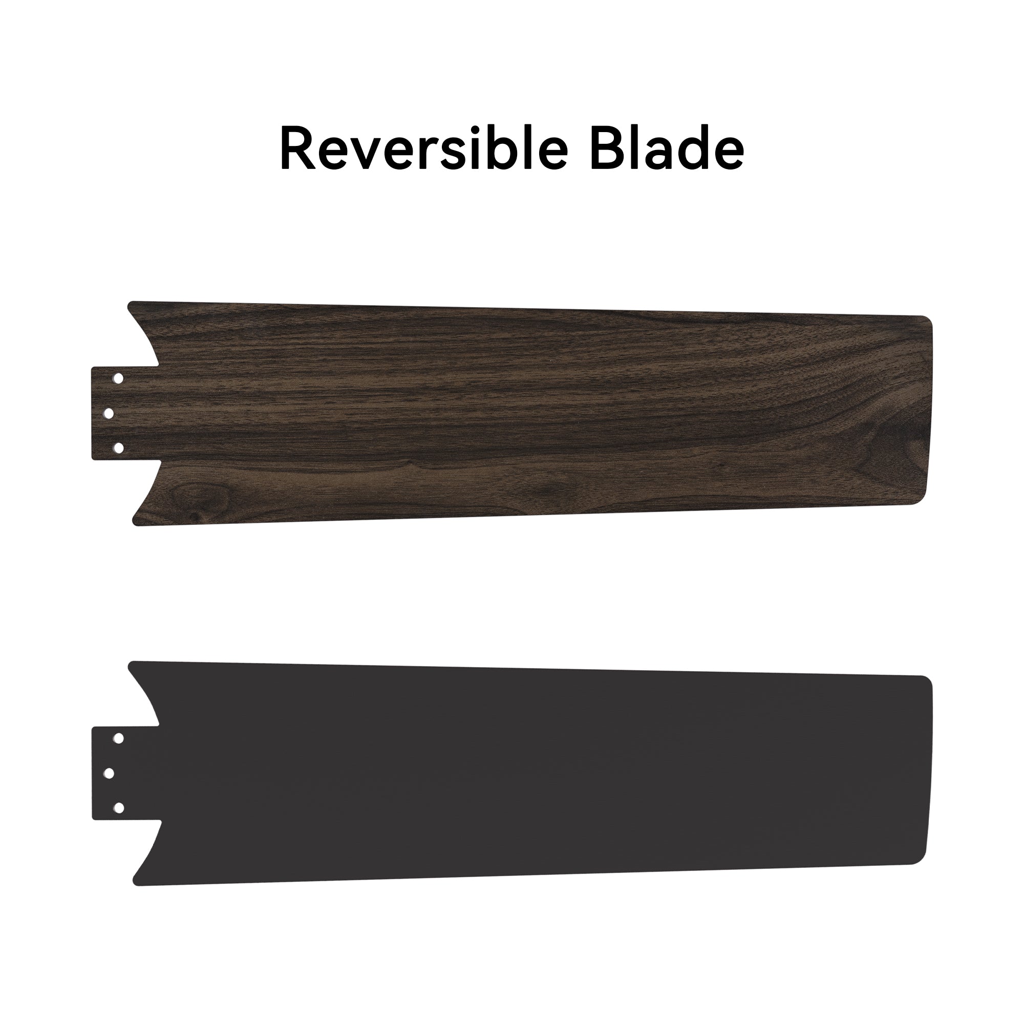 Black downrod ceiling fan with 2 reversible plywood blades, such as  black and dark wood pattern. 