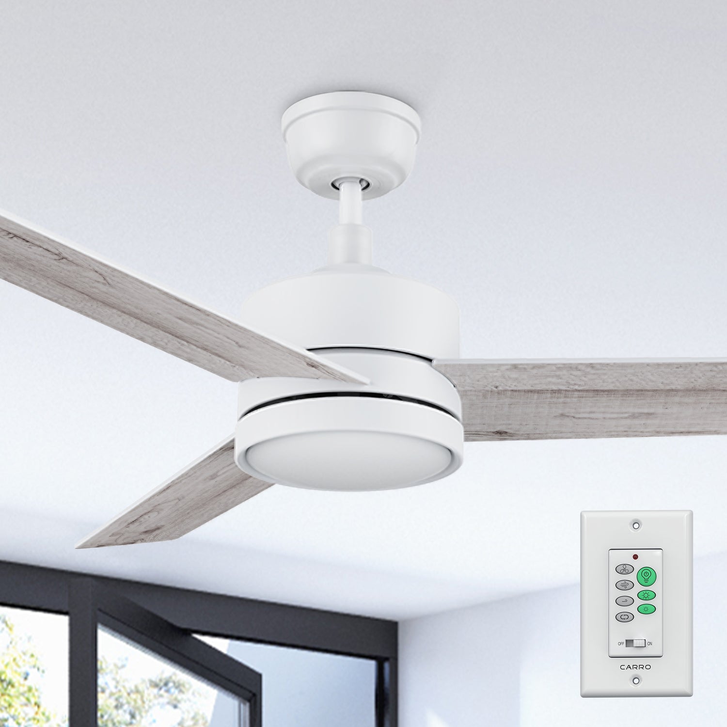 52 inch white modern downrod ceiling fan with dimmable 4000K LED light and wall switch control. 