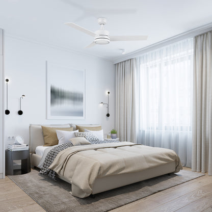Louy 52 inch modern ceiling fan with LED light, white finish, and 3 blades in a stylish bedroom.