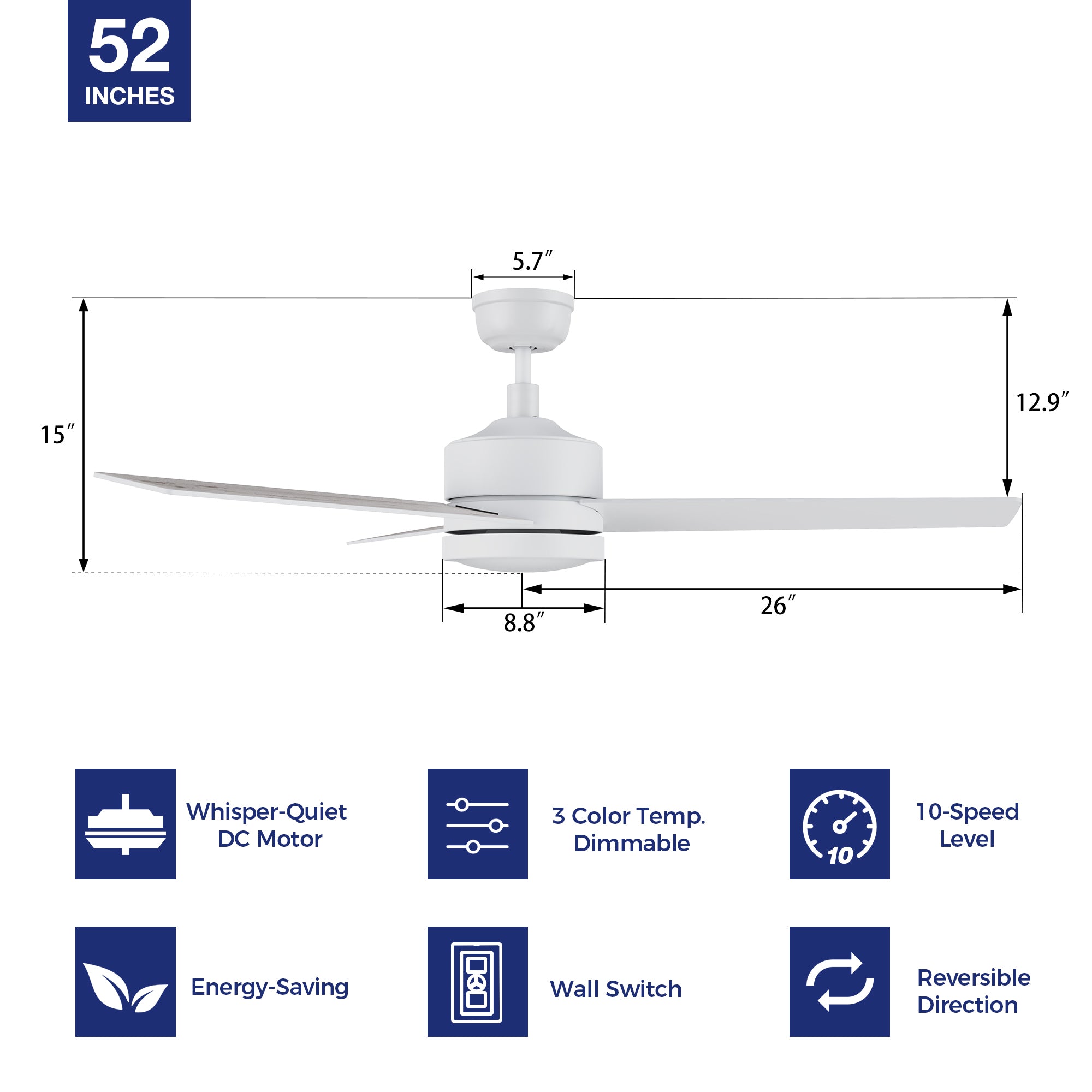 Dimensions and key features of the 52-inch modern ceiling fan, showcasing size and functional details including wall switch, easy installation, 10-speed DC motor,durable LED light kit, dimmable LED light kit, energy efficient.