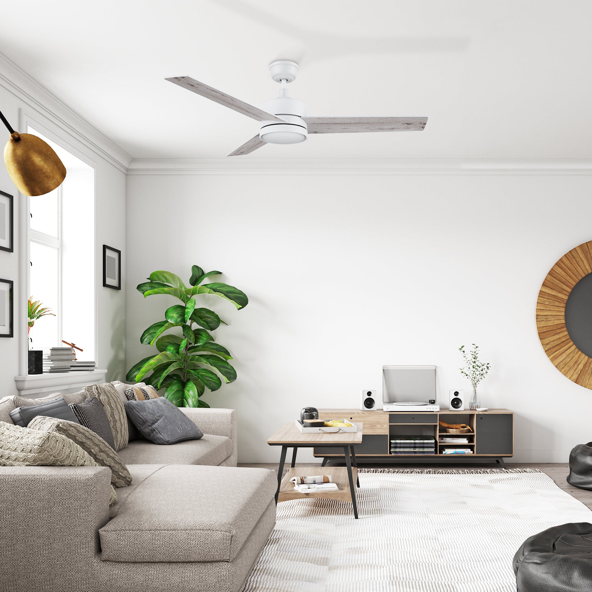 modern elegance with the Carro Smafan Louy 52&quot; ceiling fan. LED lights and a white finish complement any living room.  
