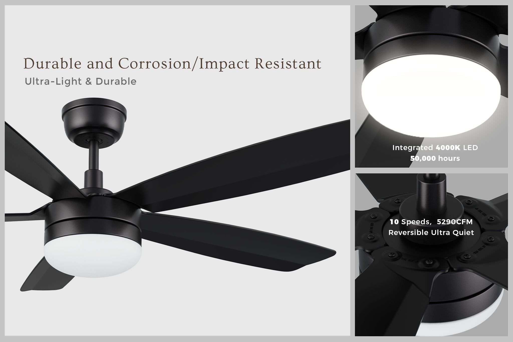 Highlighting the features of a durable, corrosion-resistant black ceiling fan with an integrated 4000K LED light that has a 50,000-hour lifespan. The fan also features 10 speeds, delivers 5290 CFM airflow, and operates quietly with a reversible function for enhanced versatility.