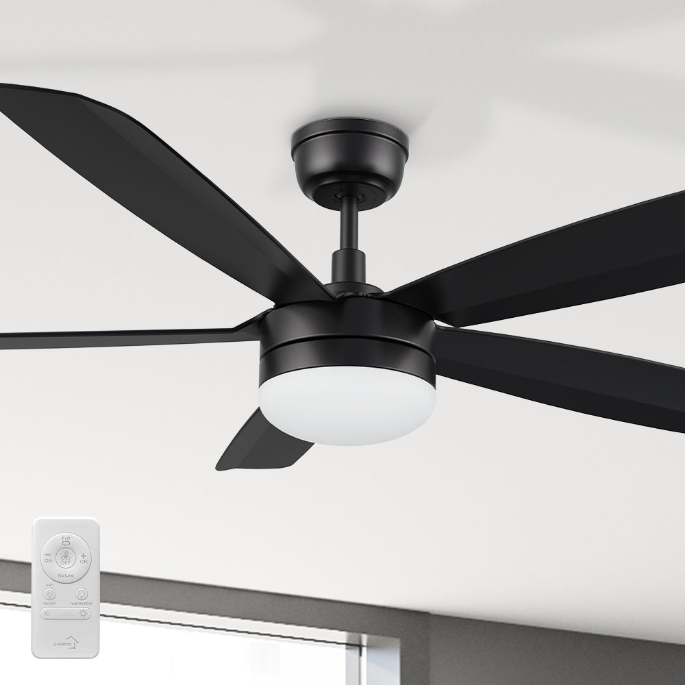 Close-up of a 52-inch black ceiling fan with an LED light and remote control from the Rivers Smafan Carro serise, highlighting the fan&