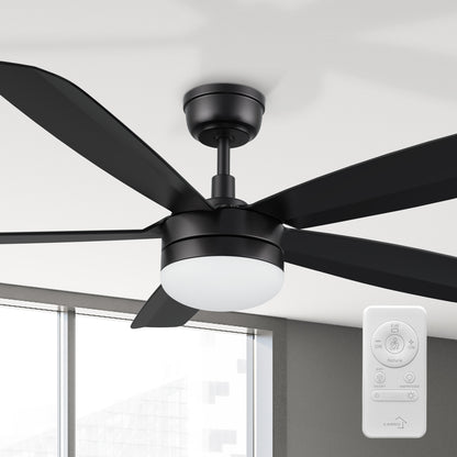 Close-up of a 52-inch black ceiling fan with an LED light and remote control from the Rivers Smafan Carro serise, highlighting the fan&