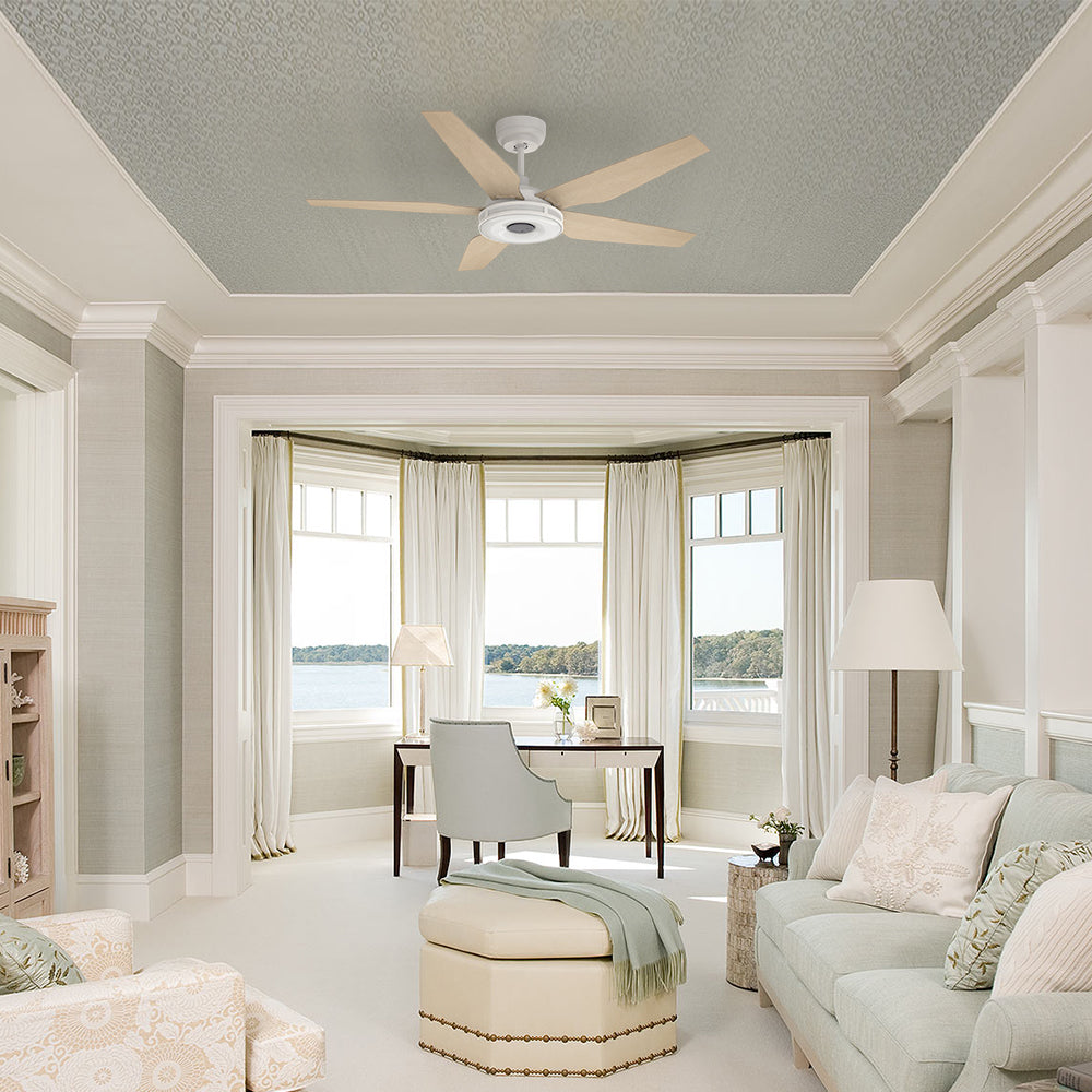 56 inch white ceiling fan with led light and smart in In a living room with beige as the main color, matching with luxurious floor-to-ceiling curtains, the entire interior decoration is very luxurious.