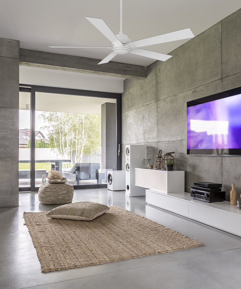 60 inch white ceiling fan with smart, remote and downrod mounting design in modern living room. 