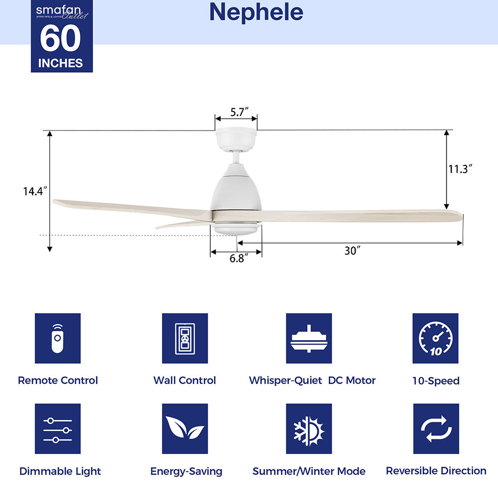 Smafan Nephele 60-inch ceiling fan with light dimension and features diagram. 