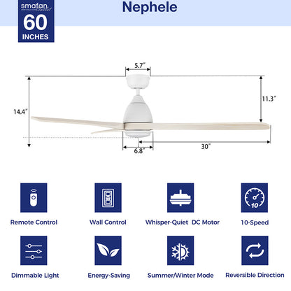 Smafan Nephele 60-inch ceiling fan with light dimension and features diagram. 