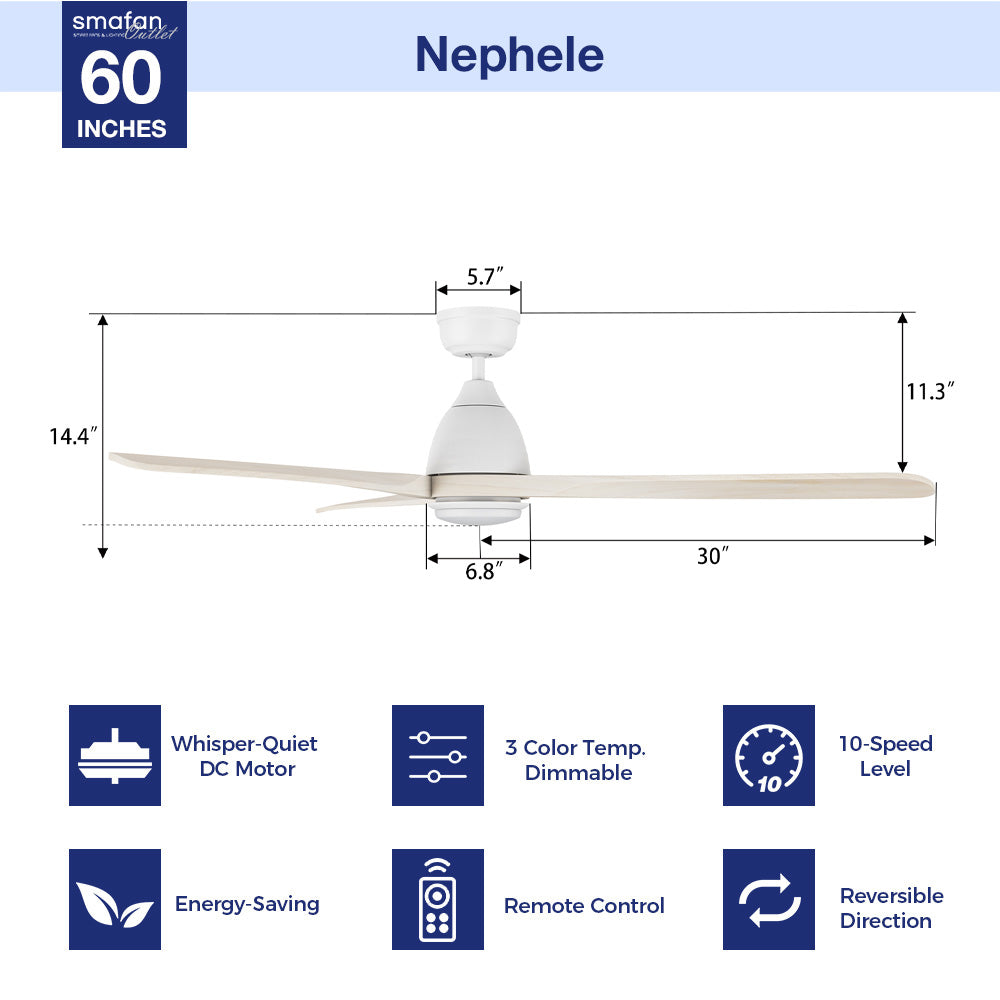 White 60 inch 3-blade light wood ceiling fan with LED light dimensions graphic for vaulted ceilings, showing remote control and 10-speed DC motor features. 