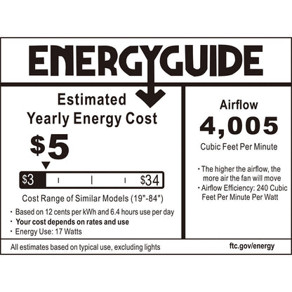 Energy label for the Zahar 60-inch ceiling fan, showing an estimated yearly energy cost of $5 and airflow of 4,005 CFM. 