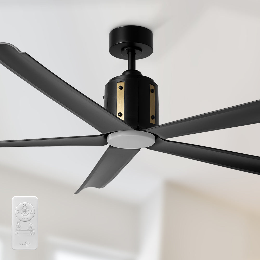 Close-up view of the Zahar 60-inch ceiling fan with LED light and remote control, showcasing its modern black finish and energy-efficient LED light. 
