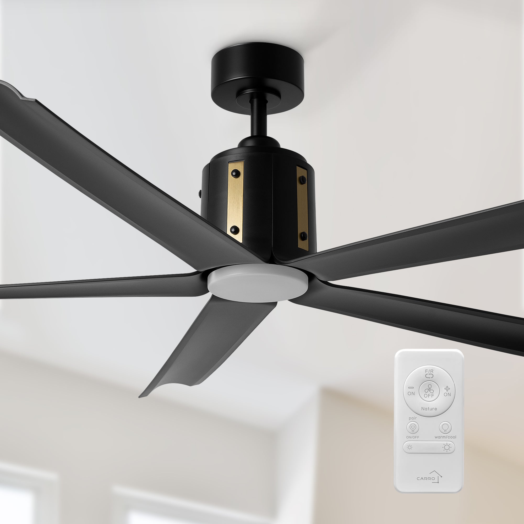 Close-up view of the Zahar 60-inch ceiling fan with LED light and remote control, showcasing its modern black finish and energy-efficient LED light. 