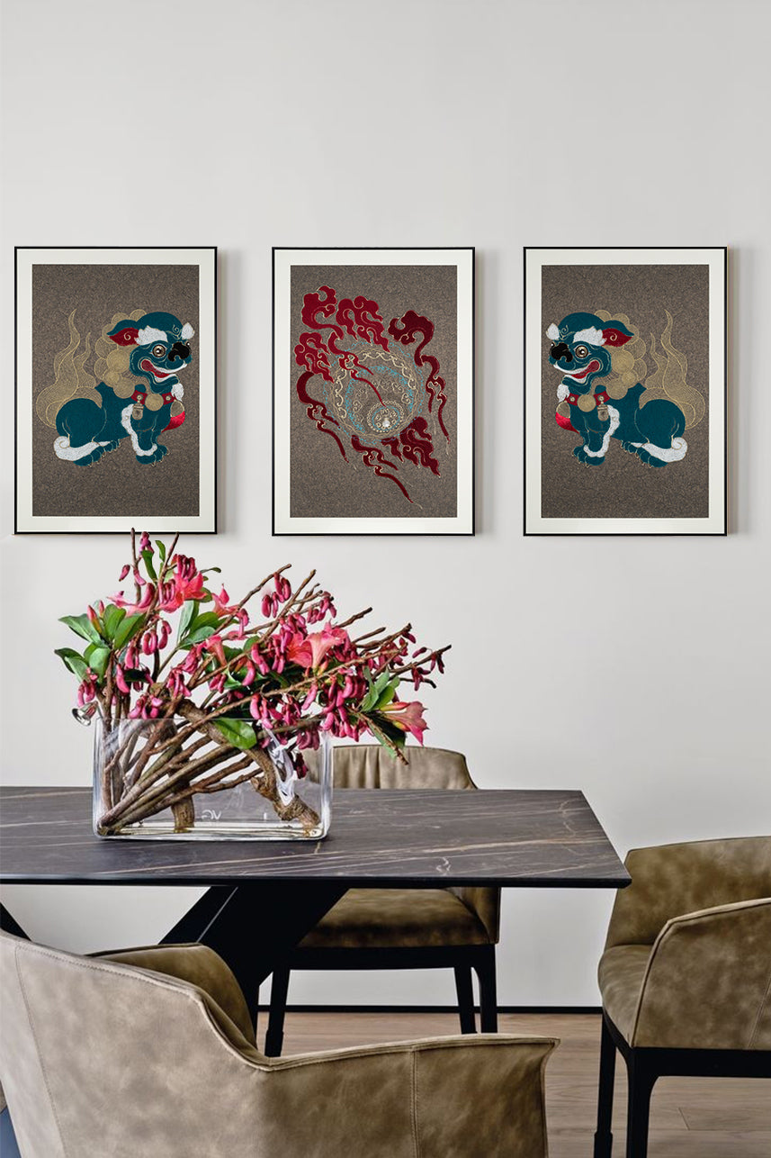 Dining room adorned with framed embroidery artwork featuring a lion ball play design. 