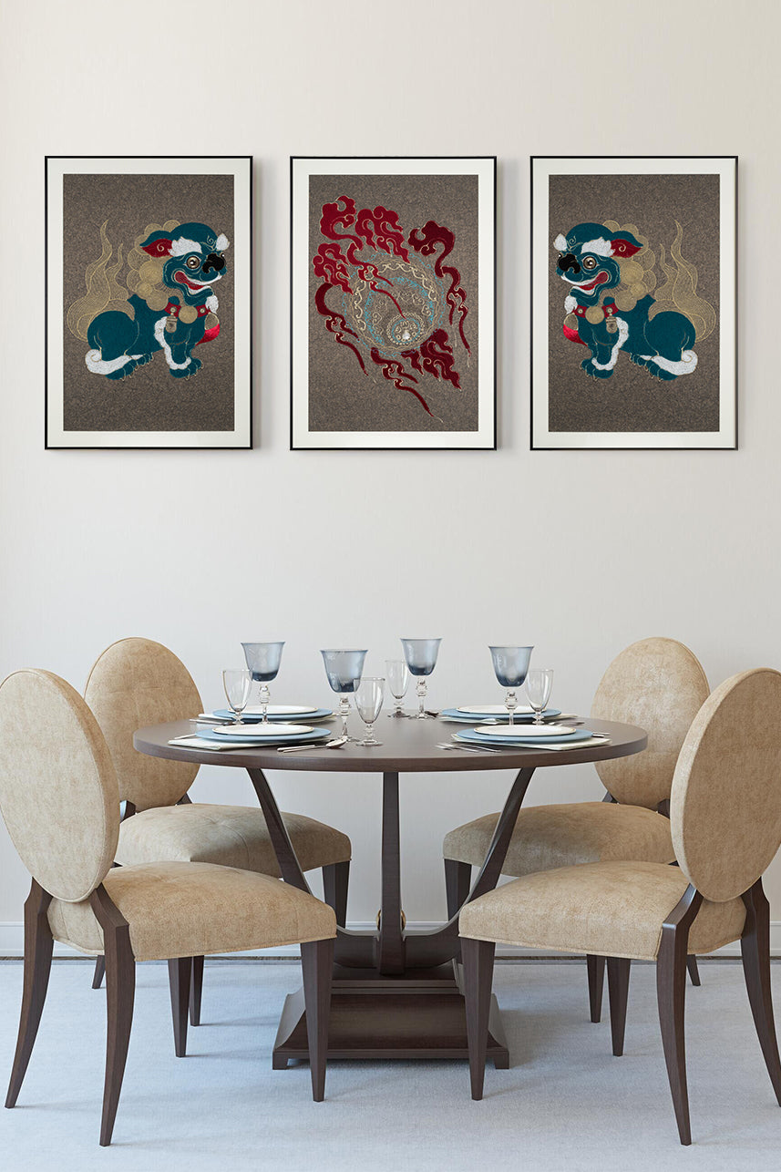 View of a dining room with framed embroidery artwork featuring a lion ball play design on the wall. 