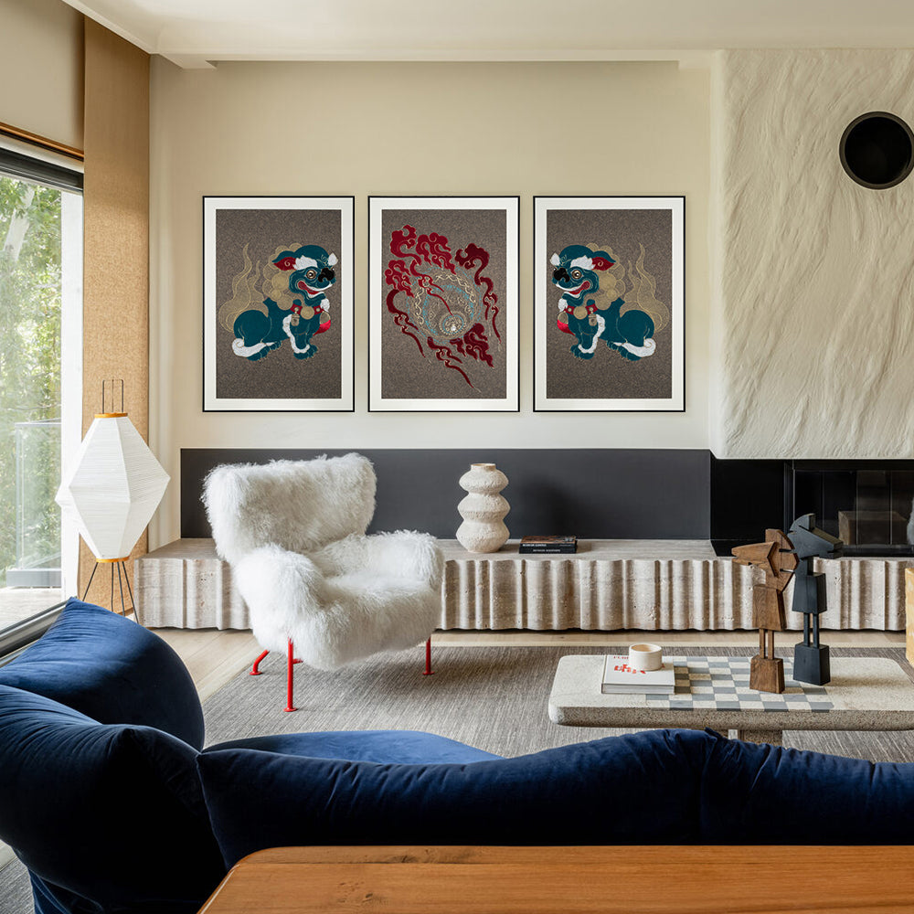 Contemporary living room with a set of framed embroidery artworks featuring a lion ball play design, enhancing the room's decor.