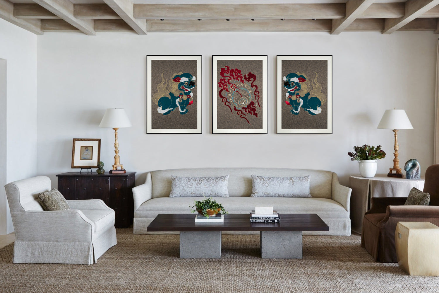 Modern living room showcasing a set of framed embroidery artworks featuring a lion ball play design, adding an artistic touch.