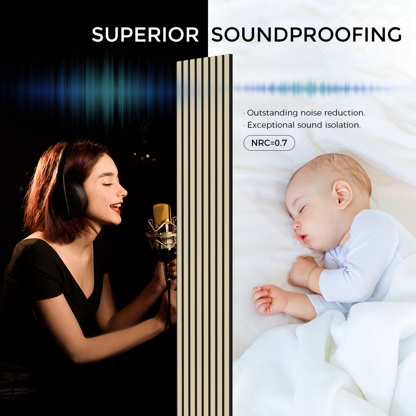 Acoustic slat wood wall panels for superior soundproofing. The image highlights outstanding noise reduction and exceptional sound isolation, with an NRC rating of 0.7. A comparison shows a woman in a recording studio wearing headphones and singing, alongside a peaceful baby sleeping undisturbed in a quiet room. The Luxury American Oak wooden panels shown are designed to absorb sound effectively.