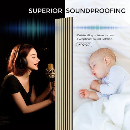 Acoustic slat wood wall panels for superior soundproofing. The image highlights outstanding noise reduction and exceptional sound isolation, with an NRC rating of 0.7. A comparison shows a woman in a recording studio wearing headphones and singing, alongside a peaceful baby sleeping undisturbed in a quiet room. The Luxury American Oak wooden panels shown are designed to absorb sound effectively.