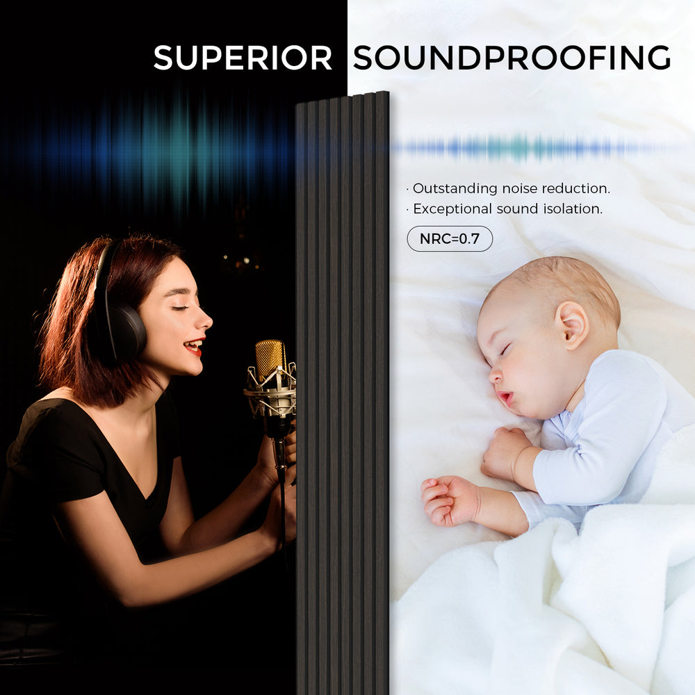 Acoustic slat wood wall panels for superior soundproofing. The image highlights outstanding noise reduction and exceptional sound isolation, with an NRC rating of 0.7. A comparison shows a woman in a recording studio wearing headphones and singing, alongside a peaceful baby sleeping undisturbed in a quiet room. The Luxury Smoked Oak American Oak wooden panels shown are designed to absorb sound effectively.