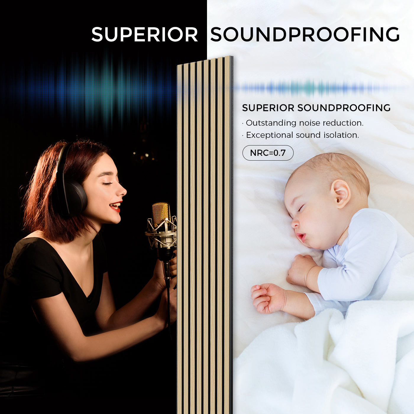 Acoustic slat wood wall panels for superior soundproofing. The image highlights outstanding noise reduction and exceptional sound isolation, with an NRC rating of 0.7. A comparison shows a woman in a recording studio wearing headphones and singing, alongside a peaceful baby sleeping undisturbed in a quiet room. The wooden panels shown are designed to absorb sound effectively.