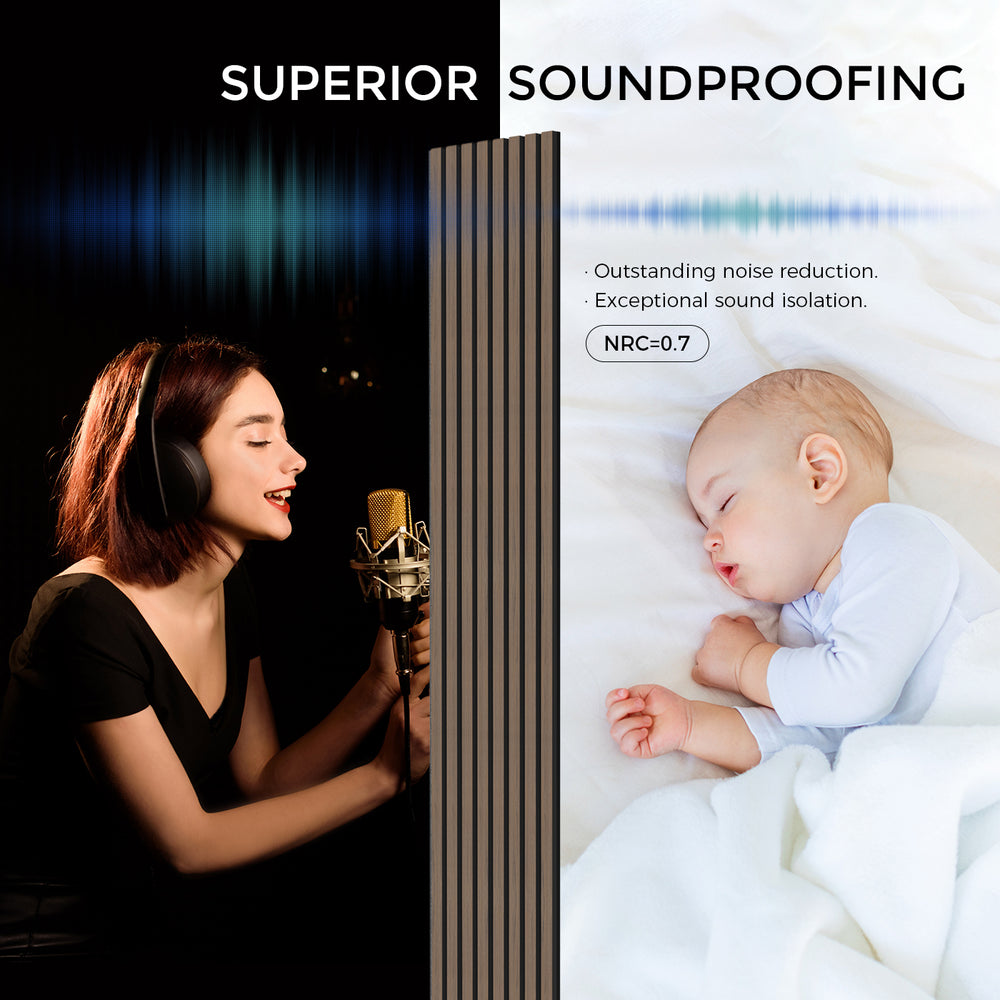 Acoustic slat wood wall panels for superior soundproofing. The image highlights outstanding noise reduction and exceptional sound isolation, with an NRC rating of 0.7. A comparison shows a woman in a recording studio wearing headphones and singing, alongside a peaceful baby sleeping undisturbed in a quiet room. The wooden panels shown are designed to absorb sound effectively.