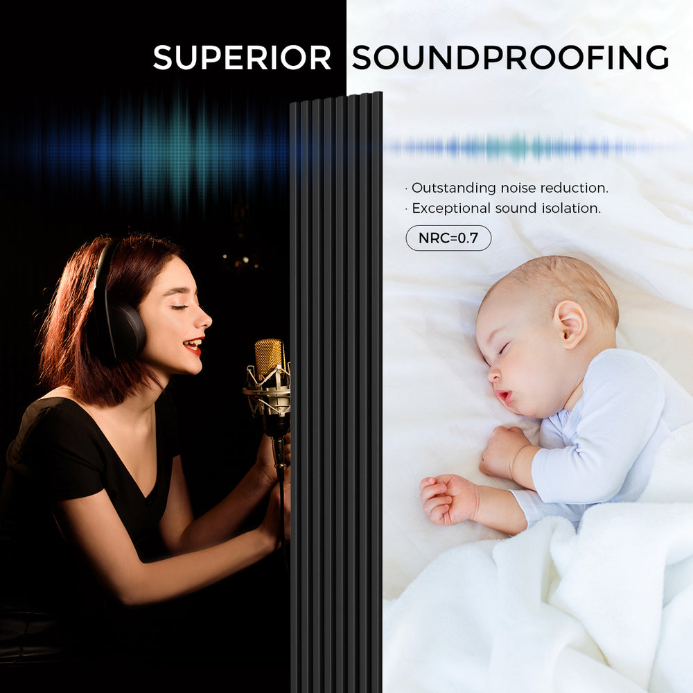 Acoustic slat wood wall panels for superior soundproofing. The image highlights outstanding noise reduction and exceptional sound isolation, with an NRC rating of 0.7. A comparison shows a woman in a recording studio wearing headphones and singing, alongside a peaceful baby sleeping undisturbed in a quiet room. The modern black panels shown are designed to absorb sound effectively.