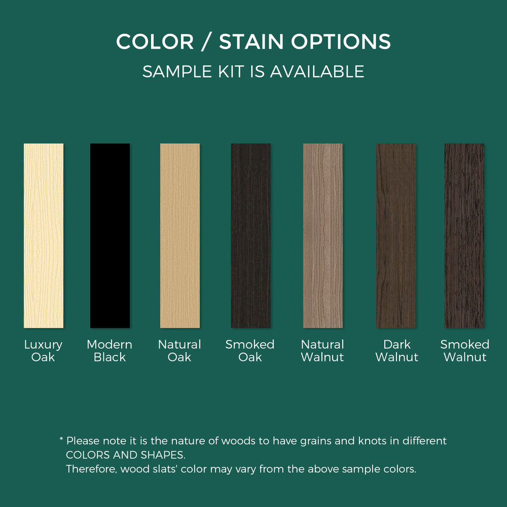 A teal background graphic showcasing six acoustic slat wood panel finishes. Top text reads "COLOR / STAIN OPTIONS" and "SAMPLE KIT AVAILABLE" in white. Below are six vertical wood samples: Luxury Oak, Modern Black, Natural Oak, Smoked Oak, Natural Walnut, Smoked Walnut, and Dark Walnut. A small white note at the bottom says: Colors may vary due to natural wood grains and knots.