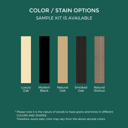 A promotional graphic on a teal background showcasing color and stain options for acoustic slat wood wall panels. The text at the top reads &quot;COLOR / STAIN OPTIONS&quot; and &quot;SAMPLE KIT IS AVAILABLE&quot; in white. Below, there are five vertical wood samples labeled as: Luxury Oak (light wood), Modern Black (black), Natural Oak (beige), Smoked Oak (dark brown), and Natural Walnut (medium brown). A note at the bottom in white text states that wood slats&