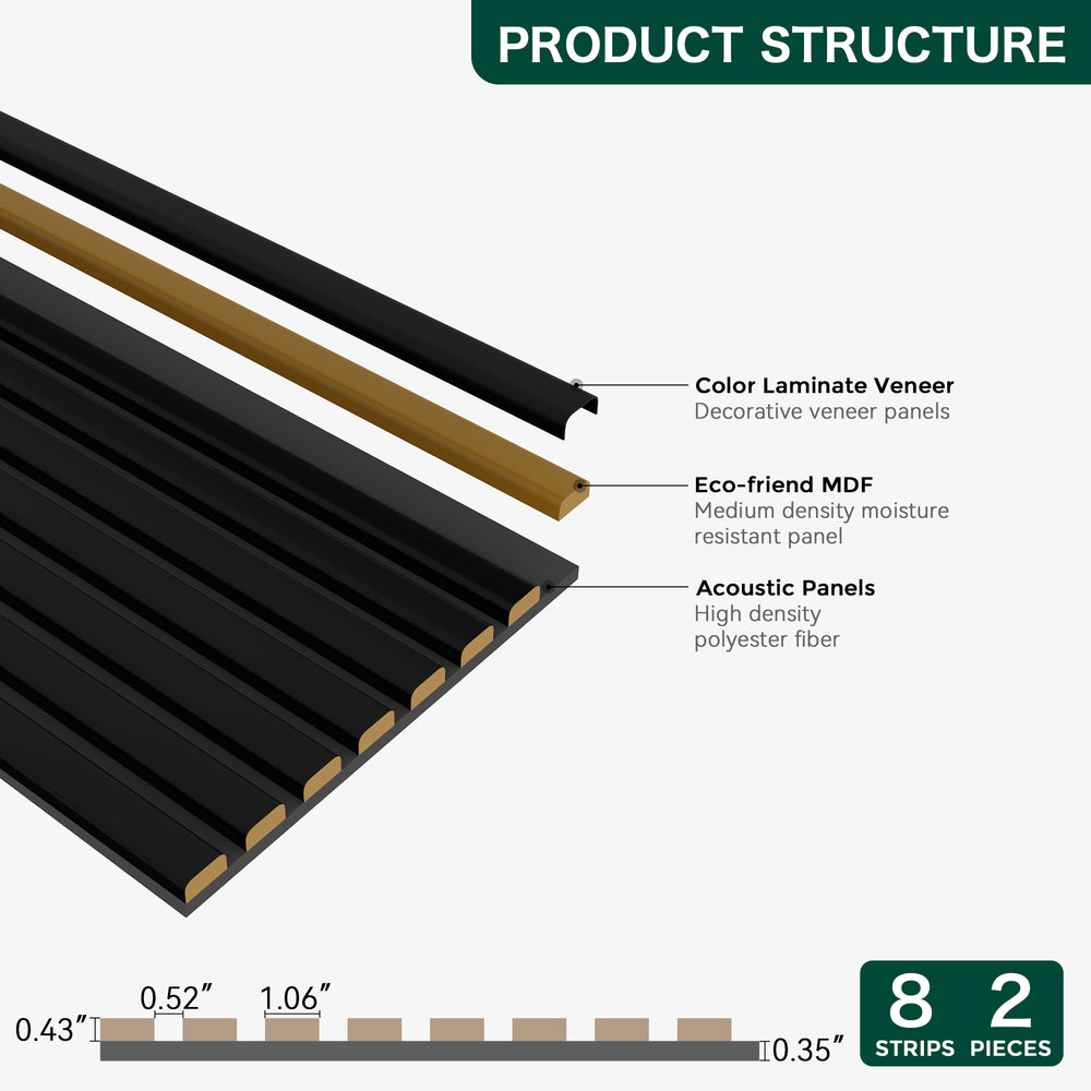 Illustration of acoustic slat wood wall panels in different color finishes, featuring soundproofing felt and a detailed structure for sustainable and stylish interior decor.